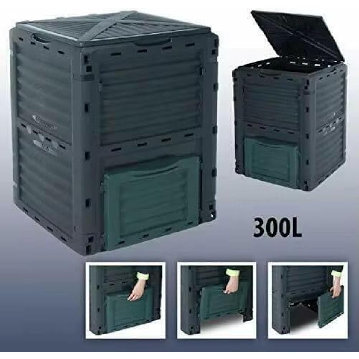Easy Shopping® Garden Compost Bin, 300L Outdoor Composting Container for Kitchen & Garden Waste Composter with Hinged Lid, Durable & Waterproo Black and Green