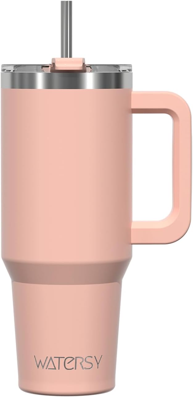 WATERSY Travel Mug Coffee Cup 40oz Tumbler Straw Lid and Handle, Stainless Steel Double Wall Vacuum Insulated Coffee Water Bottle for Cold Hot Coffee 1182ml Black