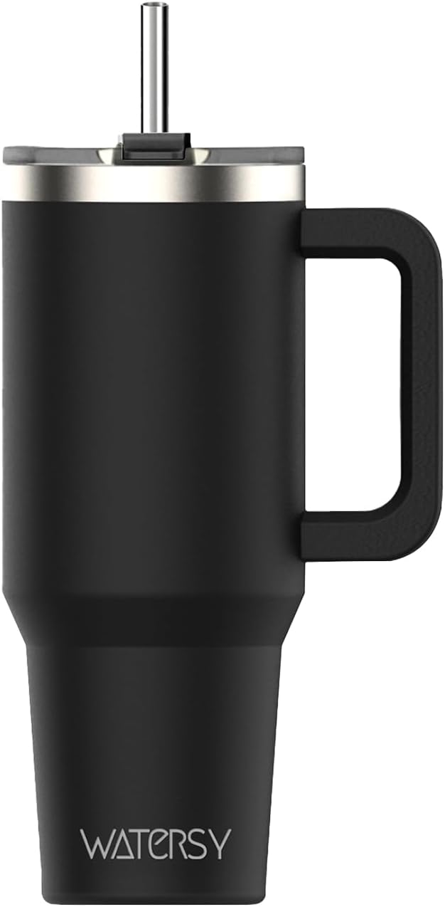 WATERSY Travel Mug Coffee Cup 40oz Tumbler Straw Lid and Handle, Stainless Steel Double Wall Vacuum Insulated Coffee Water Bottle for Cold Hot Coffee 1182ml Black