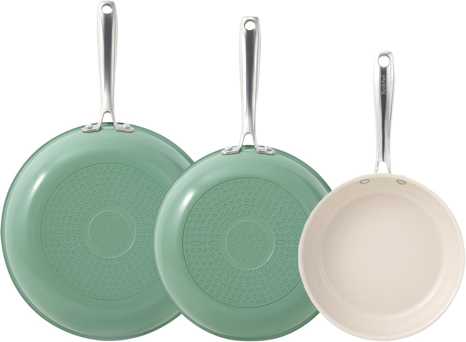 Redchef Ceramic Frying Pan Set, Non Stick Ceramic Pans for Cooking, 8" 9.5" 11" Skillet Set, No PFAS & PTFE & PFOA with Stainless Steel Handle, Oven Safe Max up to 842°F (Grey)