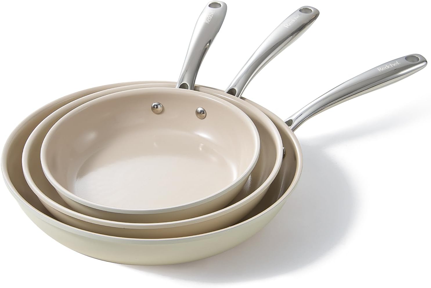 Redchef Ceramic Frying Pan Set, Non Stick Ceramic Pans for Cooking, 8" 9.5" 11" Skillet Set, No PFAS & PTFE & PFOA with Stainless Steel Handle, Oven Safe Max up to 842°F (Grey)