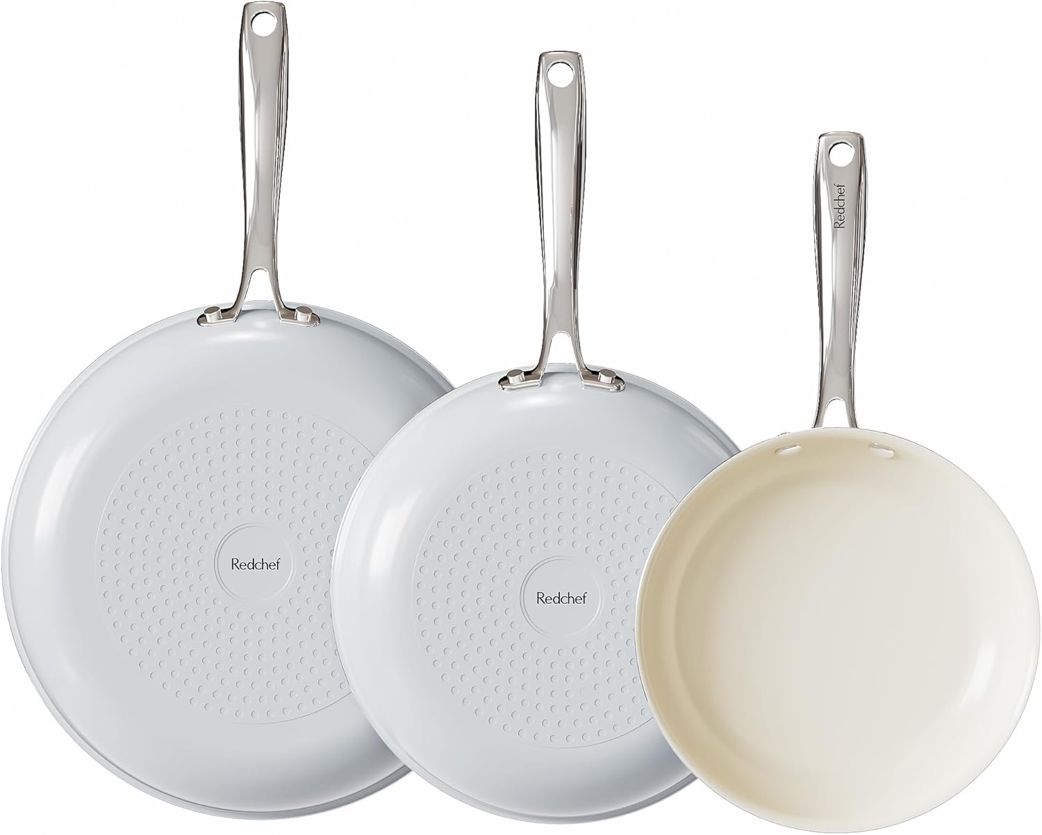 Redchef Ceramic Frying Pan Set, Non Stick Ceramic Pans for Cooking, 8" 9.5" 11" Skillet Set, No PFAS & PTFE & PFOA with Stainless Steel Handle, Oven Safe Max up to 842°F (Grey)