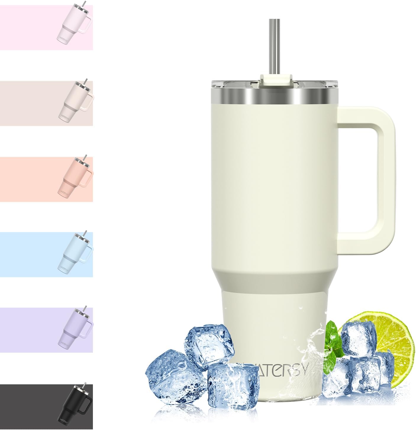 WATERSY Travel Mug Coffee Cup 40oz Tumbler Straw Lid and Handle, Stainless Steel Double Wall Vacuum Insulated Coffee Water Bottle for Cold Hot Coffee 1182ml Black