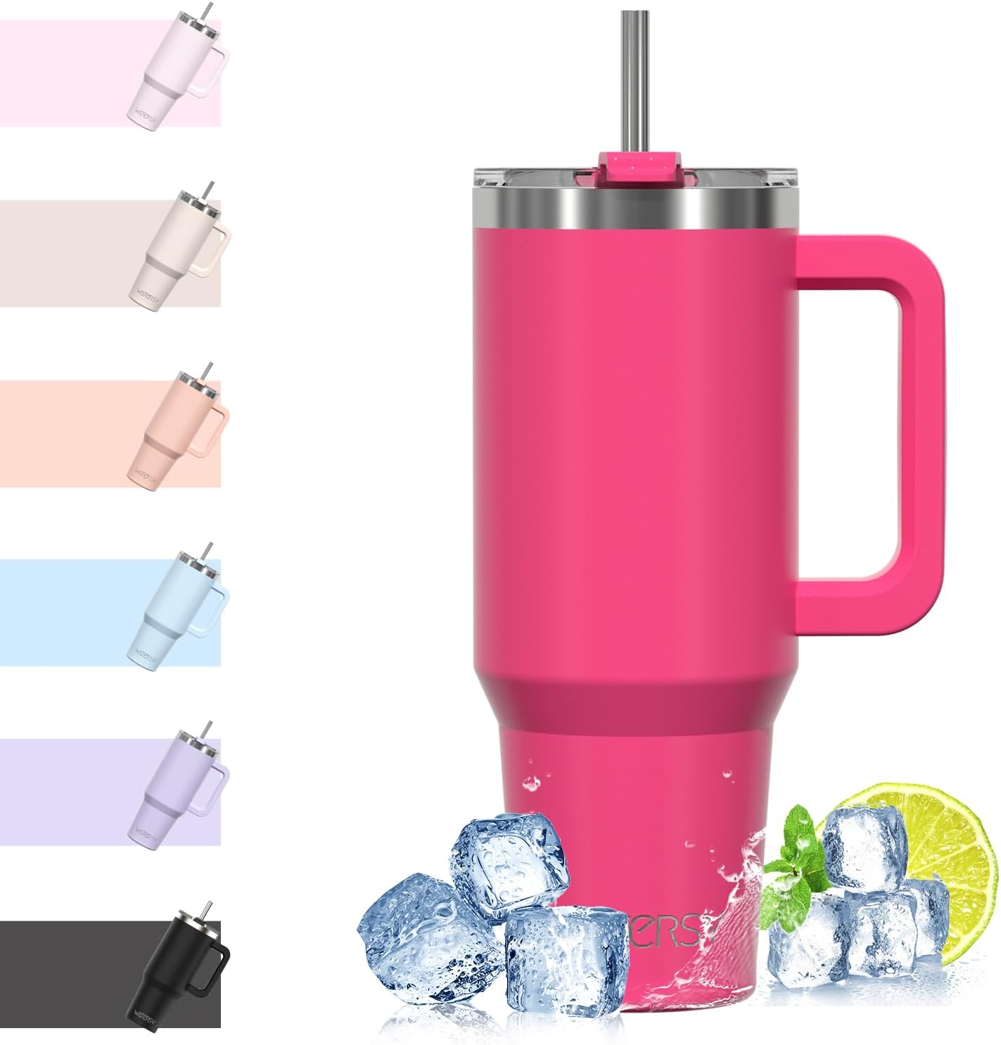 WATERSY Travel Mug Coffee Cup 40oz Tumbler Straw Lid and Handle, Stainless Steel Double Wall Vacuum Insulated Coffee Water Bottle for Cold Hot Coffee 1182ml Black