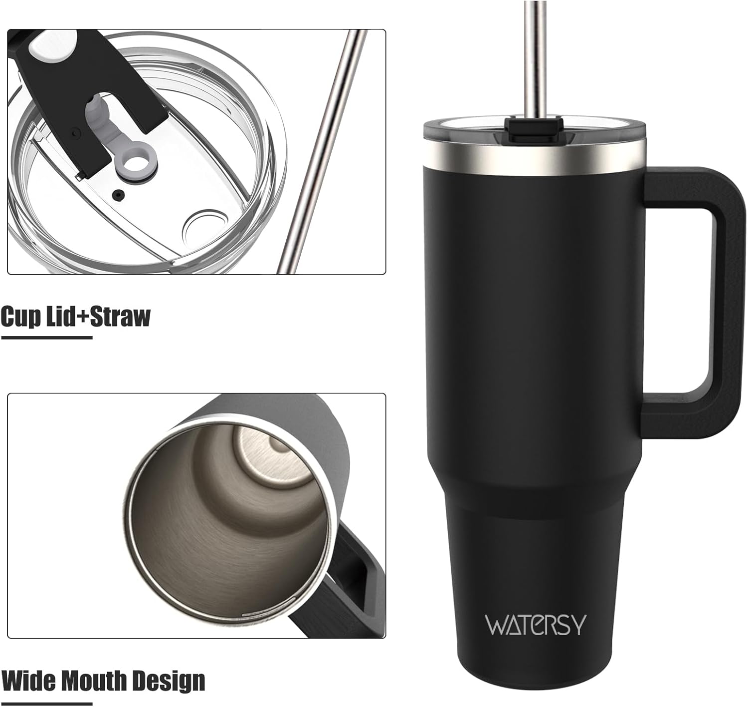 WATERSY Travel Mug Coffee Cup 40oz Tumbler Straw Lid and Handle, Stainless Steel Double Wall Vacuum Insulated Coffee Water Bottle for Cold Hot Coffee 1182ml Black
