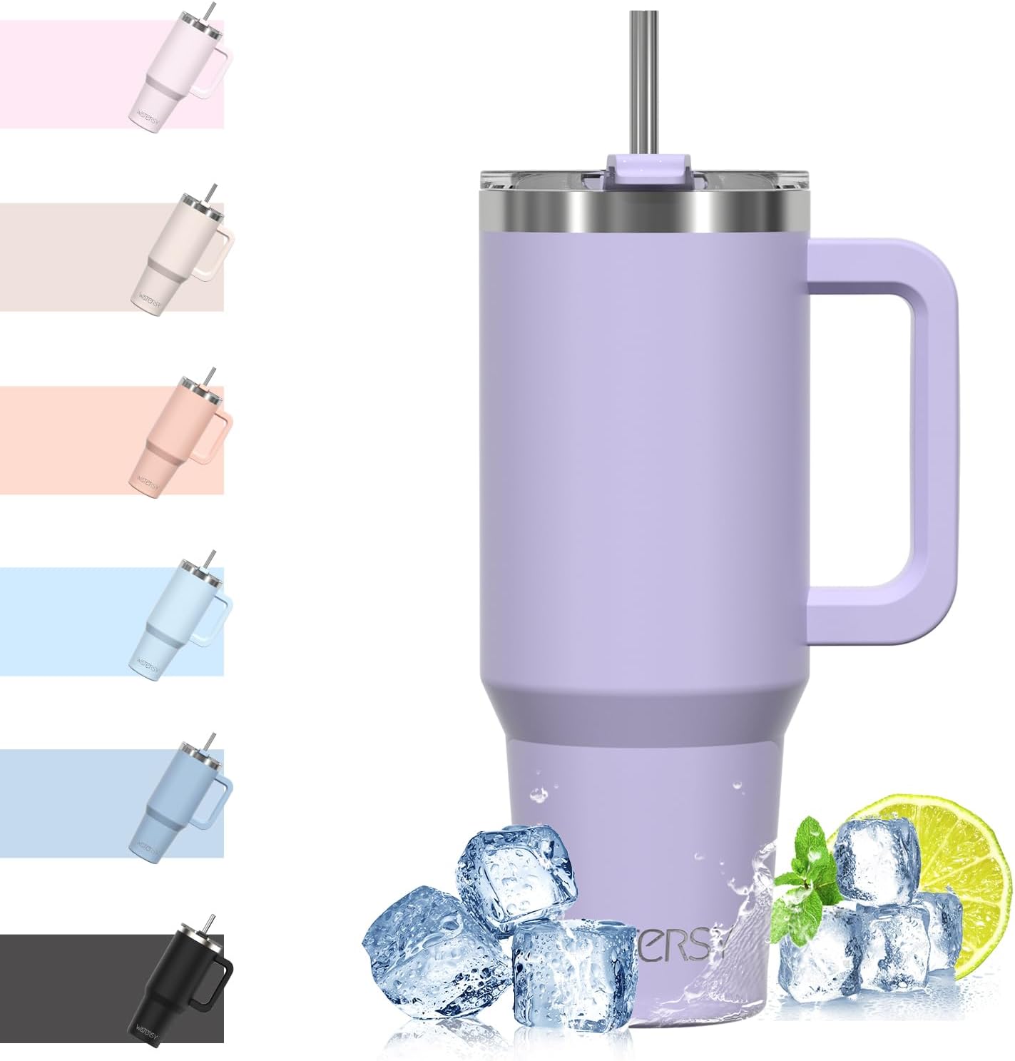 WATERSY Travel Mug Coffee Cup 40oz Tumbler Straw Lid and Handle, Stainless Steel Double Wall Vacuum Insulated Coffee Water Bottle for Cold Hot Coffee 1182ml Black