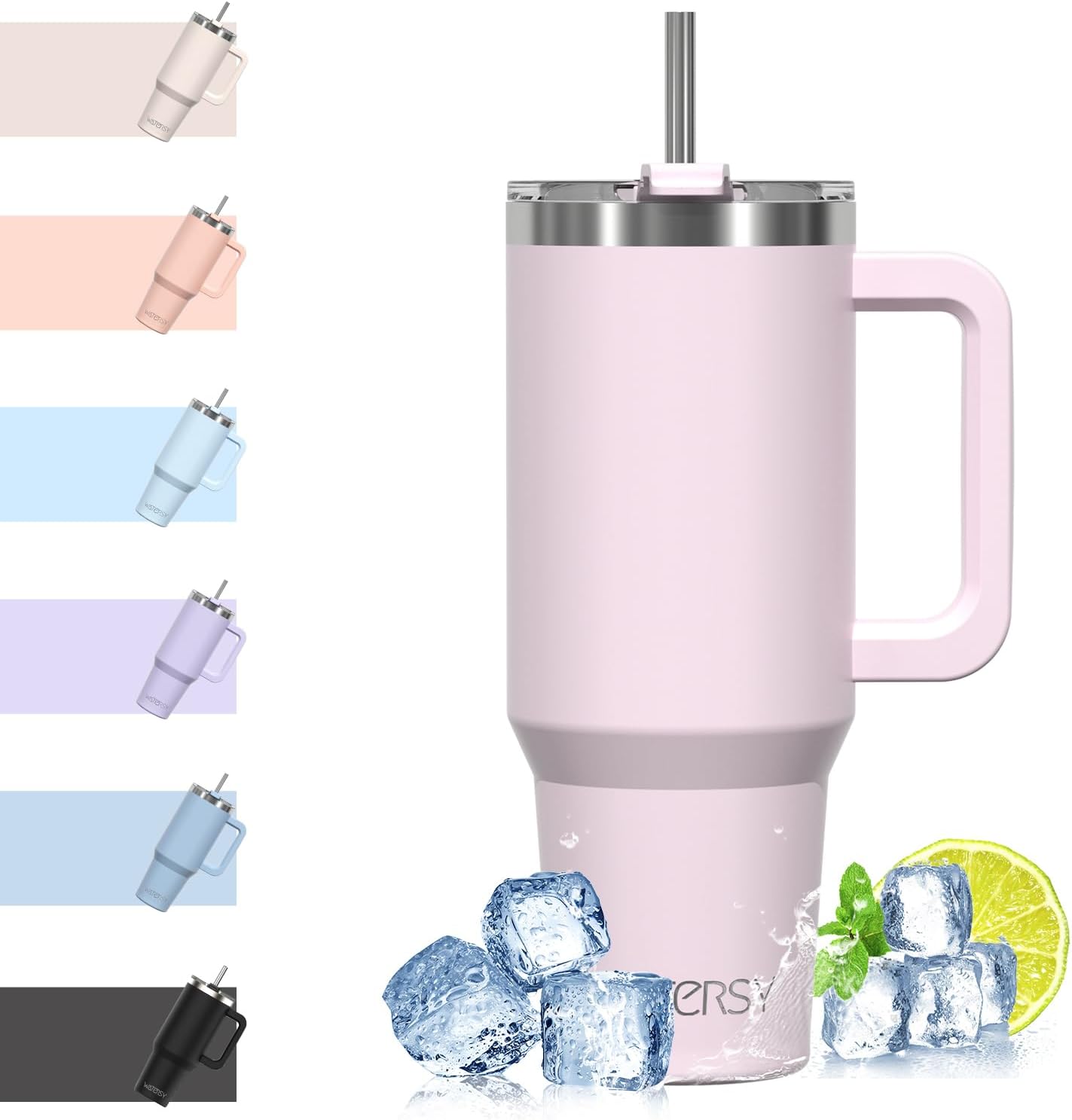 WATERSY Travel Mug Coffee Cup 40oz Tumbler Straw Lid and Handle, Stainless Steel Double Wall Vacuum Insulated Coffee Water Bottle for Cold Hot Coffee 1182ml Black