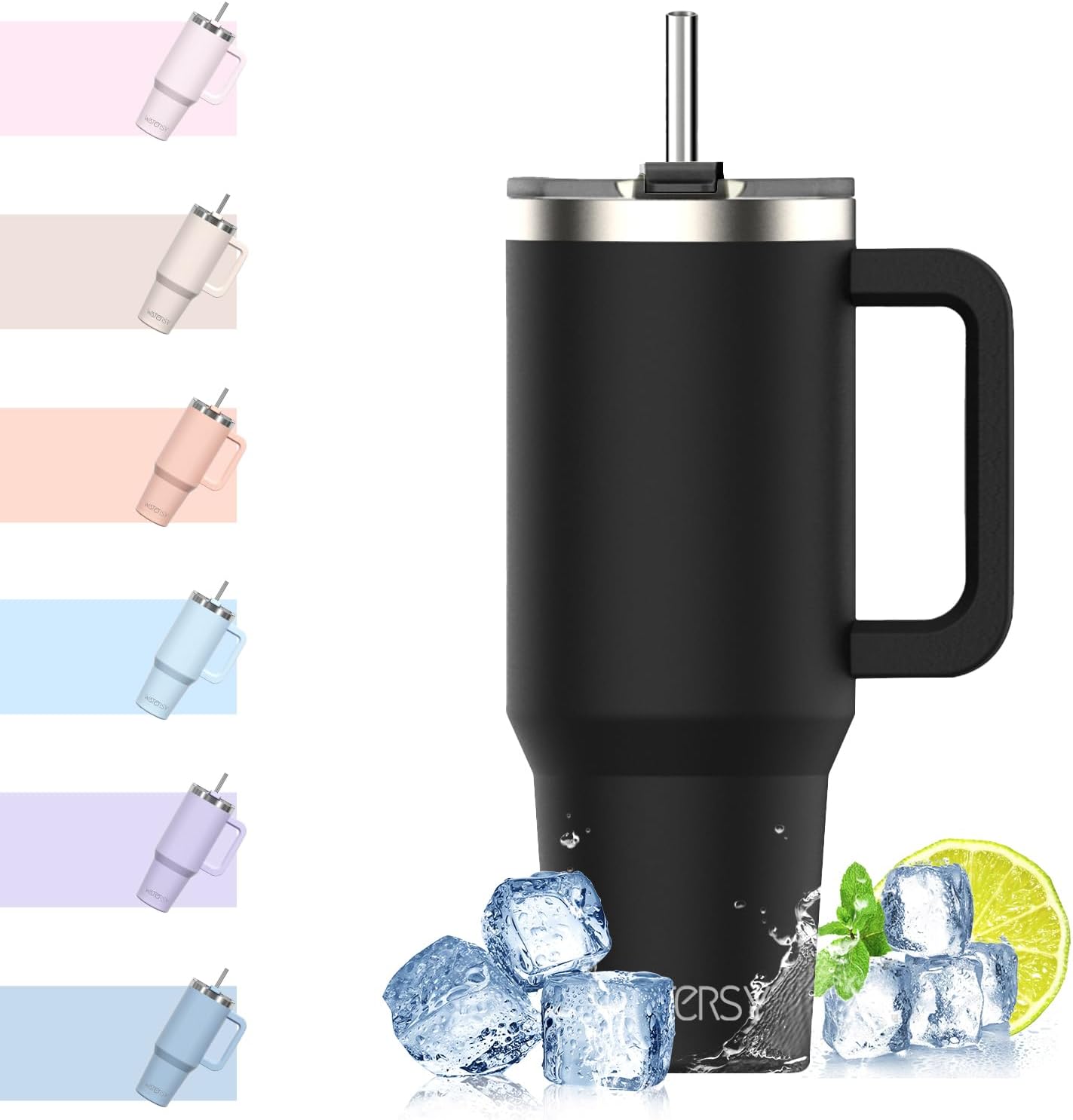 WATERSY Travel Mug Coffee Cup 40oz Tumbler Straw Lid and Handle, Stainless Steel Double Wall Vacuum Insulated Coffee Water Bottle for Cold Hot Coffee 1182ml Black
