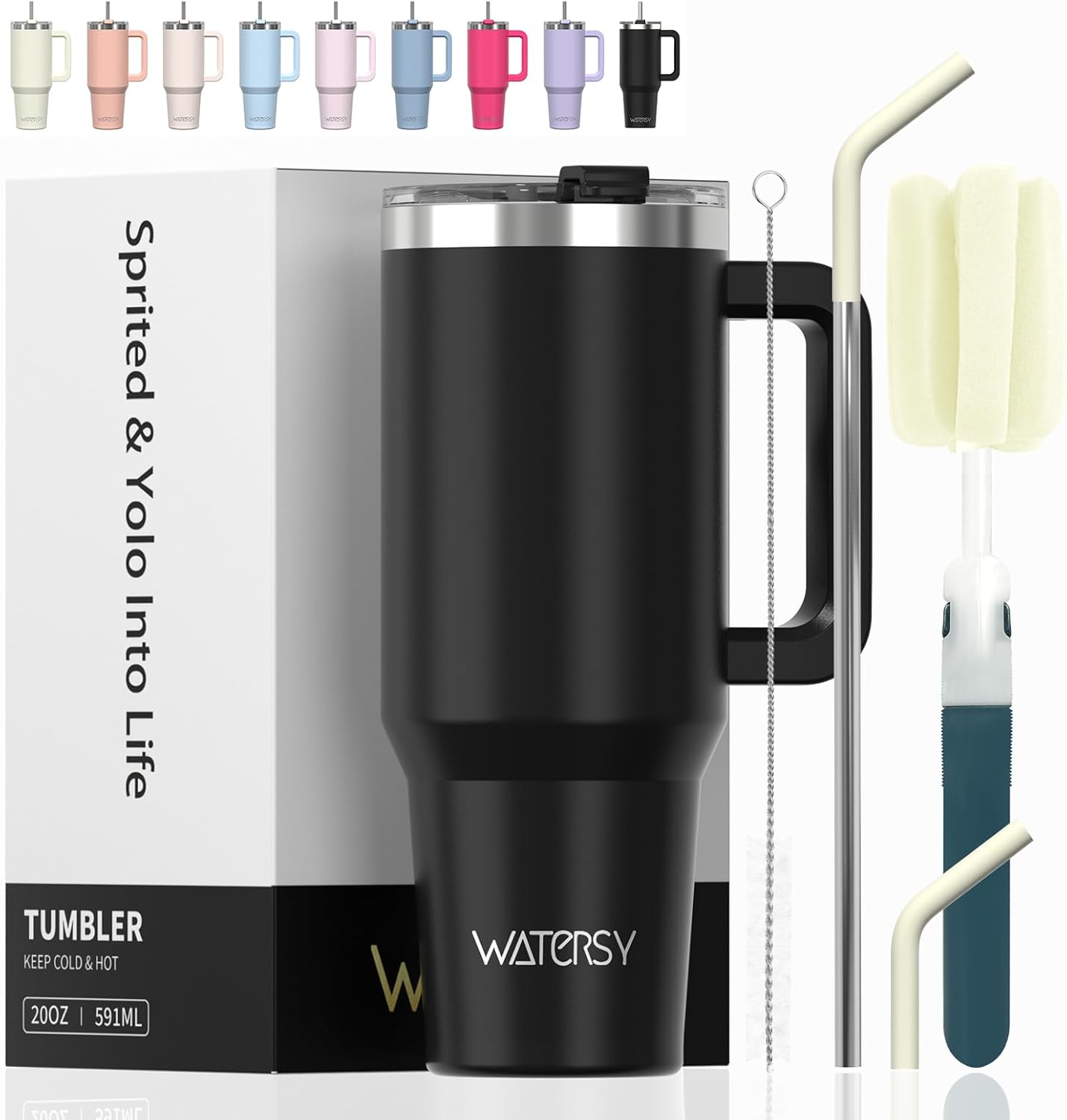 WATERSY Travel Mug Coffee Cup 40oz Tumbler Straw Lid and Handle, Stainless Steel Double Wall Vacuum Insulated Coffee Water Bottle for Cold Hot Coffee 1182ml Black