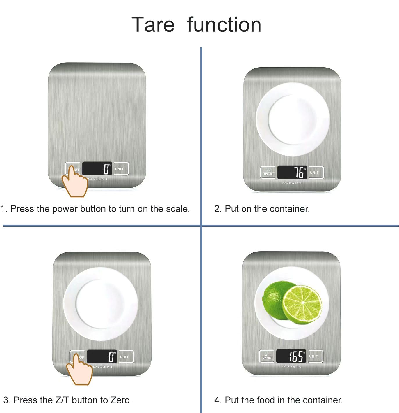 HomeFashion 5kg 1g 11lb Digital Kitchen Scales Food Scale with stainless steel Platform Electronic Cooking Backlit LCD Display Multifunction for Home and Office Use