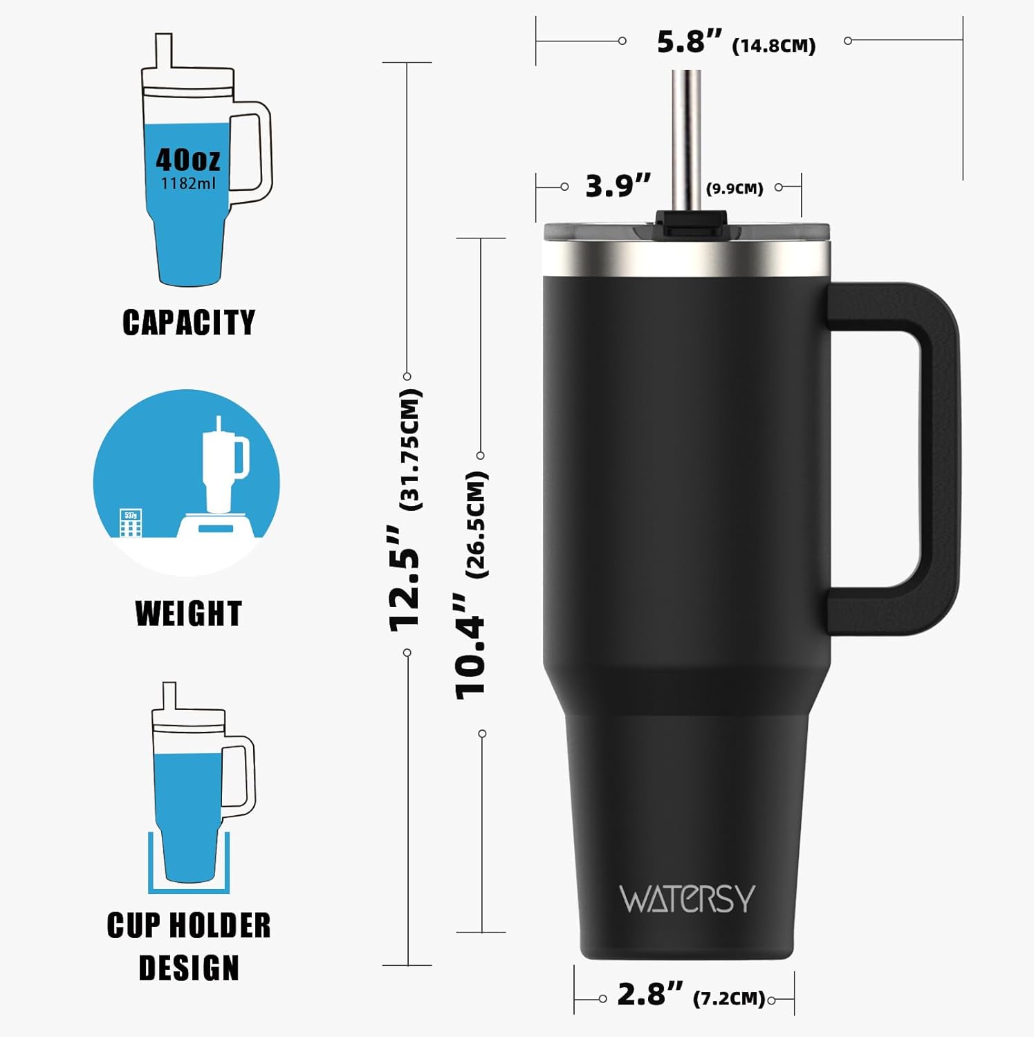 WATERSY Travel Mug Coffee Cup 40oz Tumbler Straw Lid and Handle, Stainless Steel Double Wall Vacuum Insulated Coffee Water Bottle for Cold Hot Coffee 1182ml Black