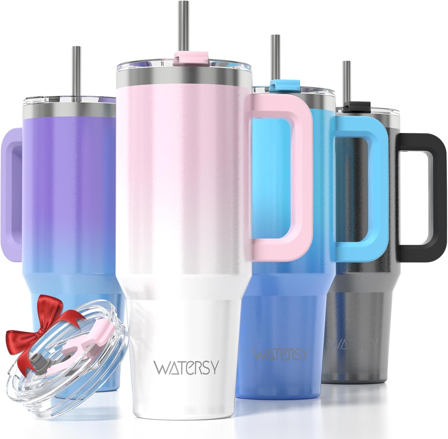 WATERSY Travel Mug Coffee Cup 40oz Tumbler Straw Lid and Handle, Stainless Steel Double Wall Vacuum Insulated Coffee Water Bottle for Cold Hot Coffee 1182ml Black