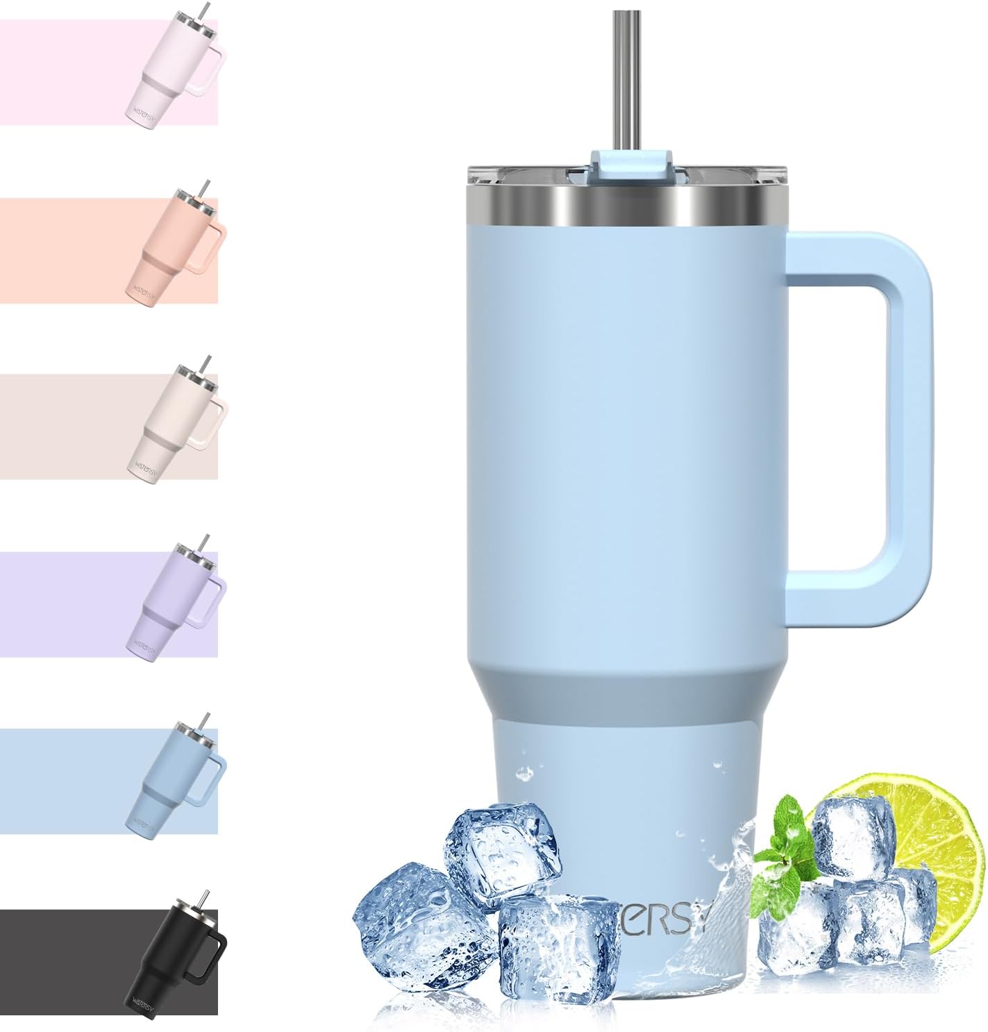 WATERSY Travel Mug Coffee Cup 40oz Tumbler Straw Lid and Handle, Stainless Steel Double Wall Vacuum Insulated Coffee Water Bottle for Cold Hot Coffee 1182ml Black