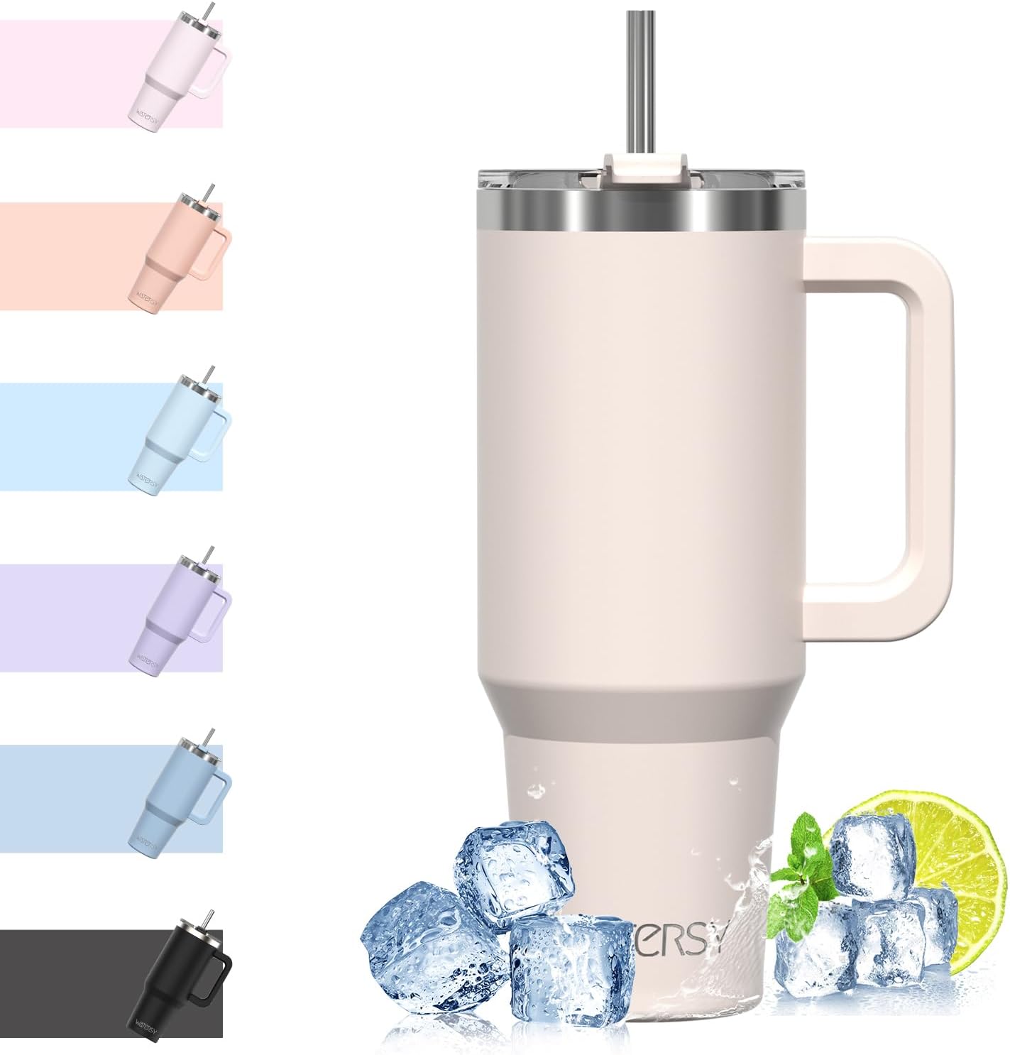 WATERSY Travel Mug Coffee Cup 40oz Tumbler Straw Lid and Handle, Stainless Steel Double Wall Vacuum Insulated Coffee Water Bottle for Cold Hot Coffee 1182ml Black