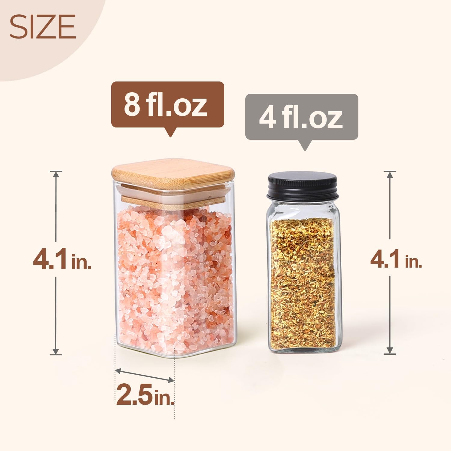 ComSaf 12 Pcs Glass Spice Jars with Bamboo Lids, 8oz/250ml Square Glass Storage Jars with 275 Black Lables, Airtight Spice Jars with Lids, Glass Container for Spice, Salt, Sugar, Seeds, Nuts etc