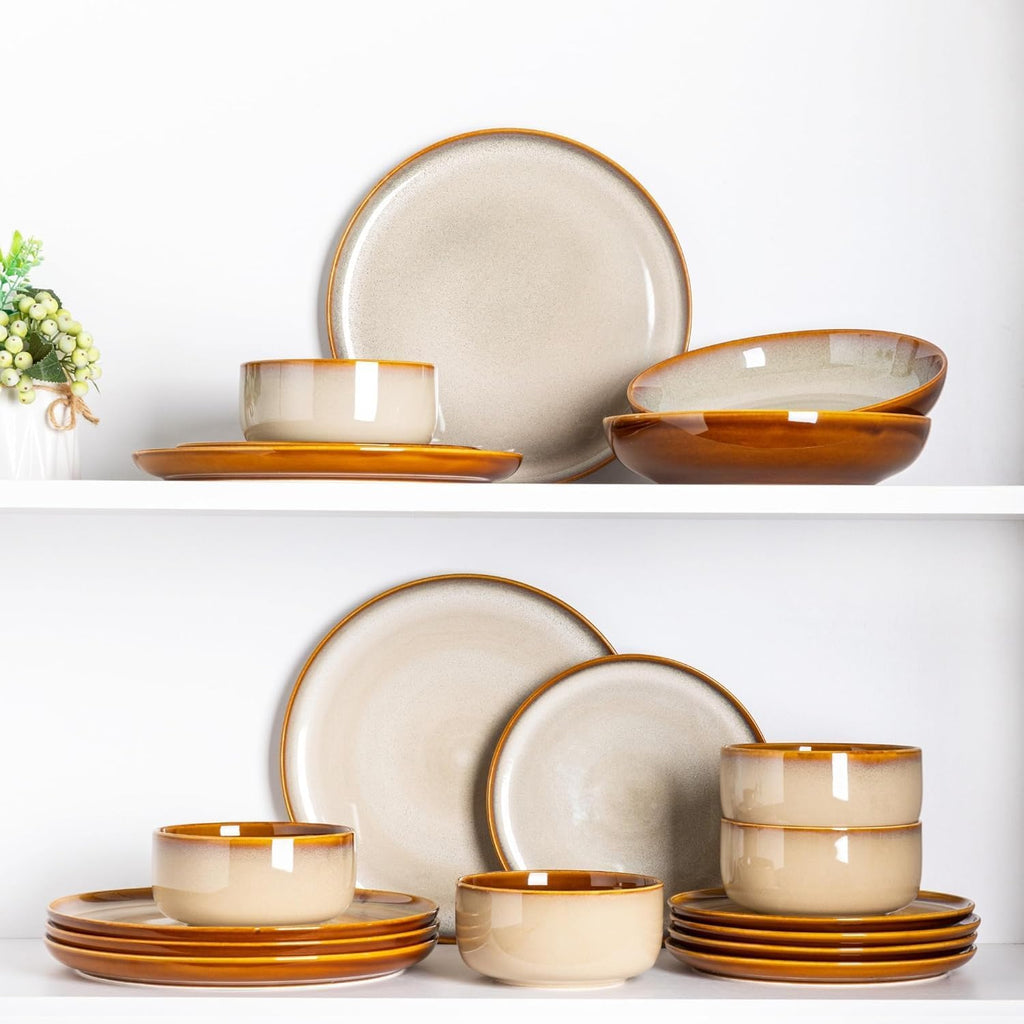 LeRatio Dinner Set for 6, 18 Piece Stoneware Plates and Bowls Set, Chip & Scratch Resistant Reactive Glazed Dinnerware Set, Dishwasher & Microwave Safe Crockery Set (Cappuccino, Service for 6)