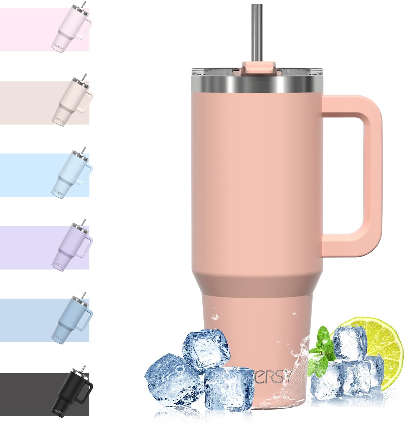 WATERSY Travel Mug Coffee Cup 40oz Tumbler Straw Lid and Handle, Stainless Steel Double Wall Vacuum Insulated Coffee Water Bottle for Cold Hot Coffee 1182ml Black