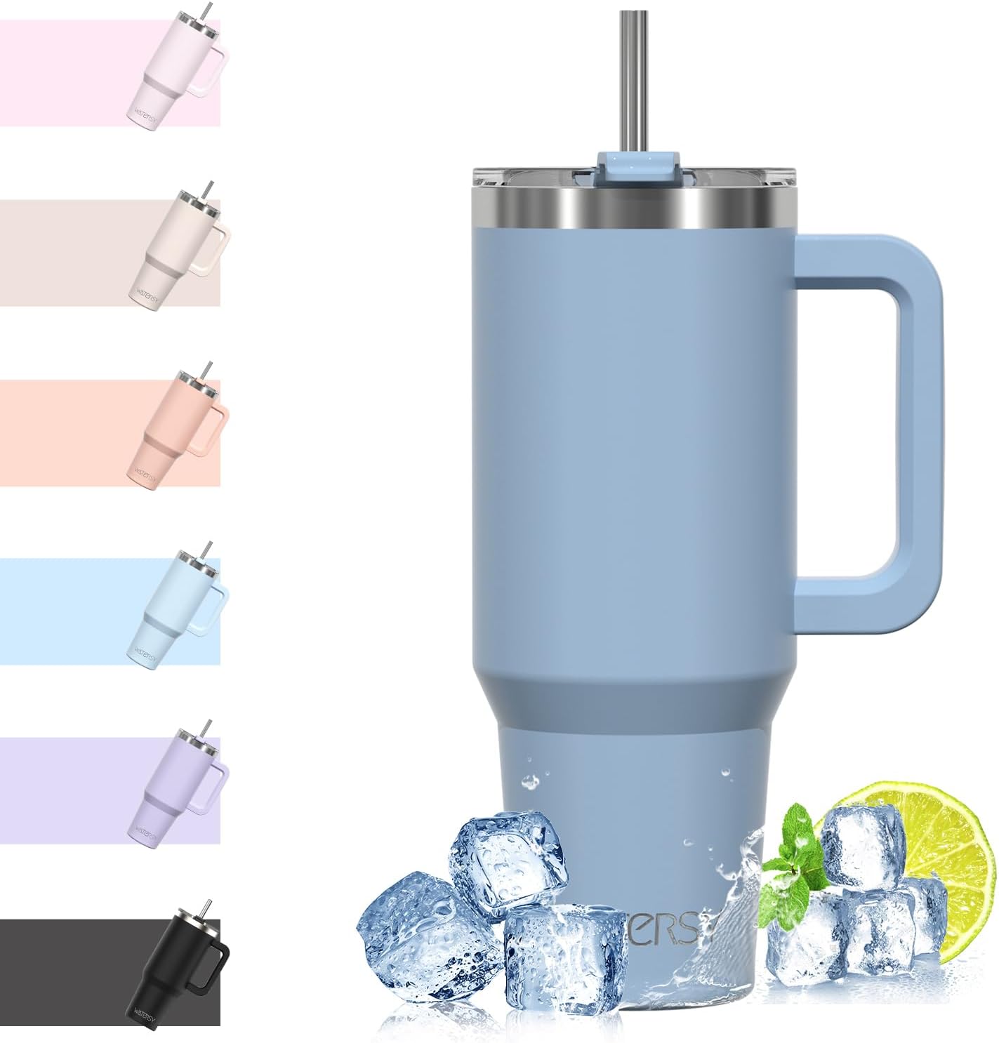 WATERSY Travel Mug Coffee Cup 40oz Tumbler Straw Lid and Handle, Stainless Steel Double Wall Vacuum Insulated Coffee Water Bottle for Cold Hot Coffee 1182ml Black