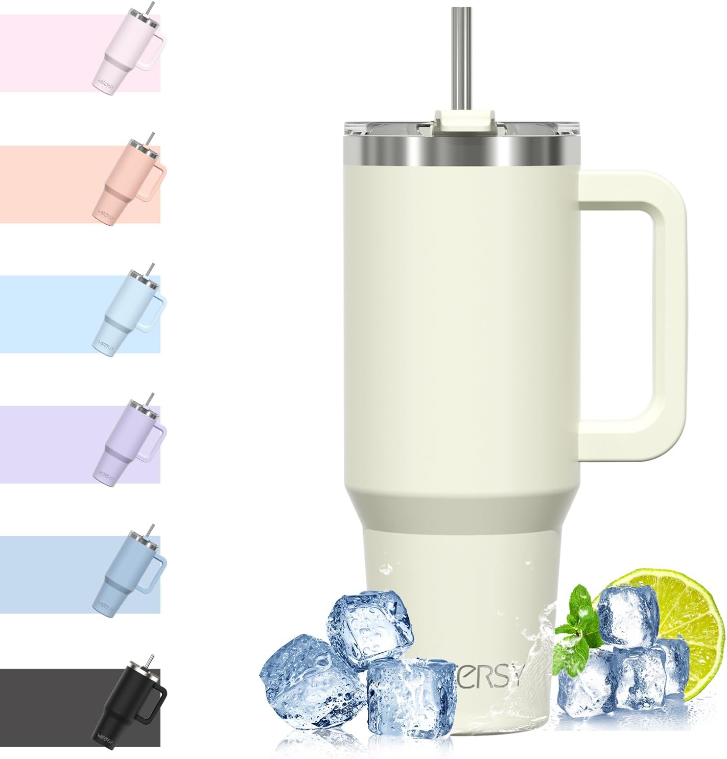 WATERSY Travel Mug Coffee Cup 40oz Tumbler Straw Lid and Handle, Stainless Steel Double Wall Vacuum Insulated Coffee Water Bottle for Cold Hot Coffee 1182ml Black