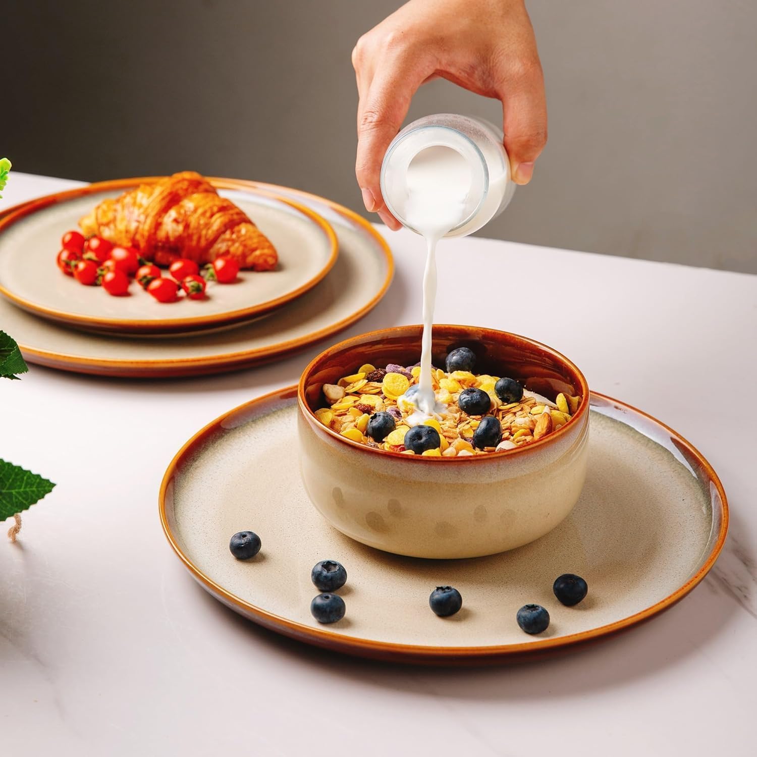 LeRatio Dinner Set for 6, 18 Piece Stoneware Plates and Bowls Set, Chip & Scratch Resistant Reactive Glazed Dinnerware Set, Dishwasher & Microwave Safe Crockery Set (Cappuccino, Service for 6)