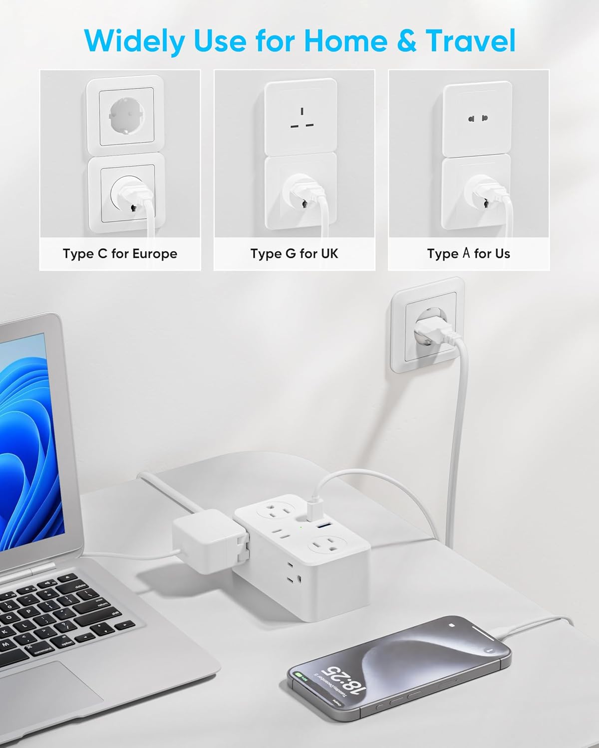 UK Adapters for Travel, US to UK Plug Adapter, 6 AC Outlets, 4 USB Ports (2 USB C), 3ft Wrapped Around Extension Cord, Type G Plug Adapter, for UK Ireland Hong Kong Travel