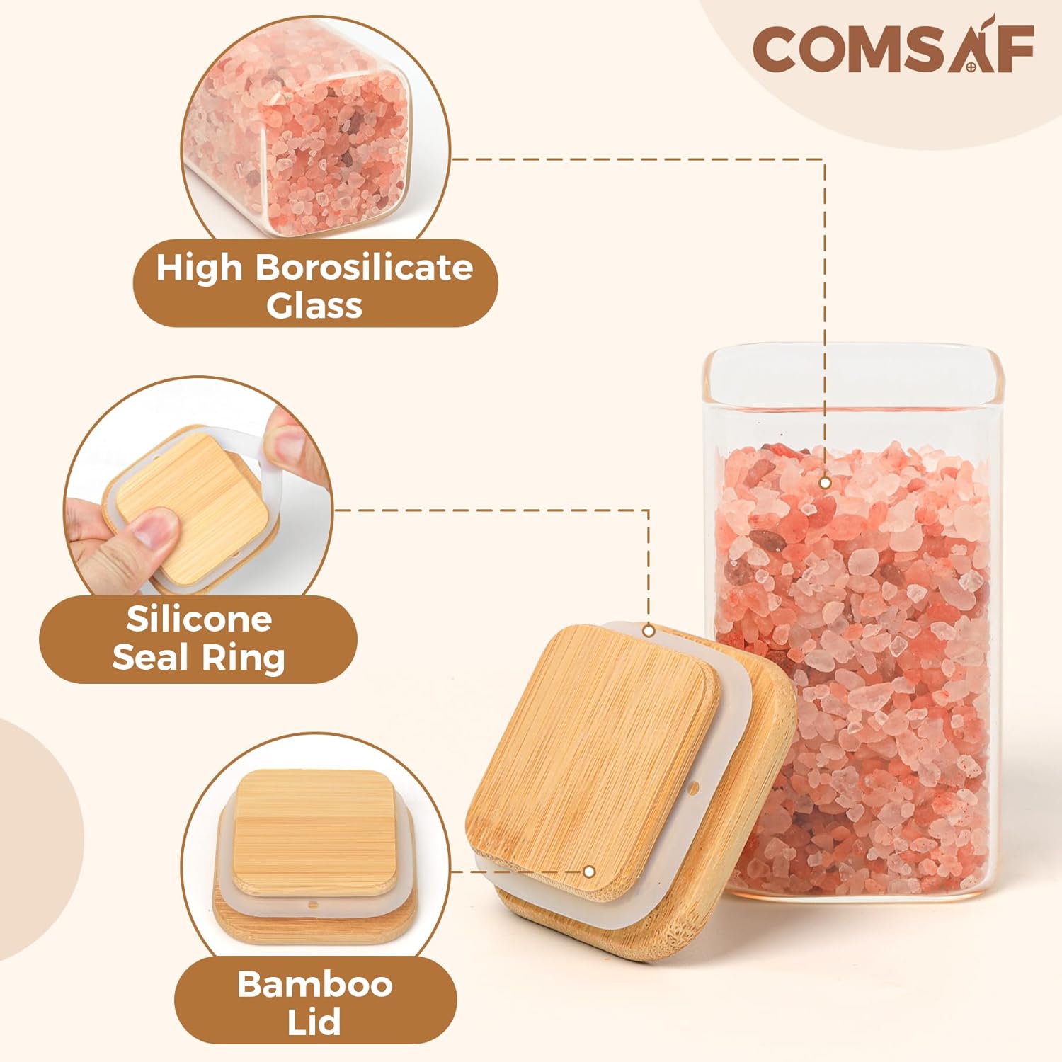 ComSaf 12 Pcs Glass Spice Jars with Bamboo Lids, 8oz/250ml Square Glass Storage Jars with 275 Black Lables, Airtight Spice Jars with Lids, Glass Container for Spice, Salt, Sugar, Seeds, Nuts etc