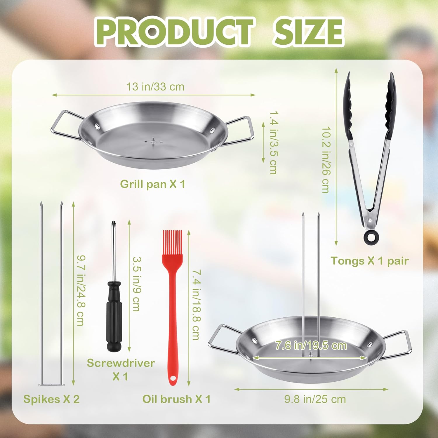 Vivantia BBQ Kebab Plate and Skewer for Grill,Stainless Steel Vertical Meat Skewer Pan with Replacement Spikes and Brush Tongs Screwdriver for Steak,Chicken,Fish,Turkey Kebab