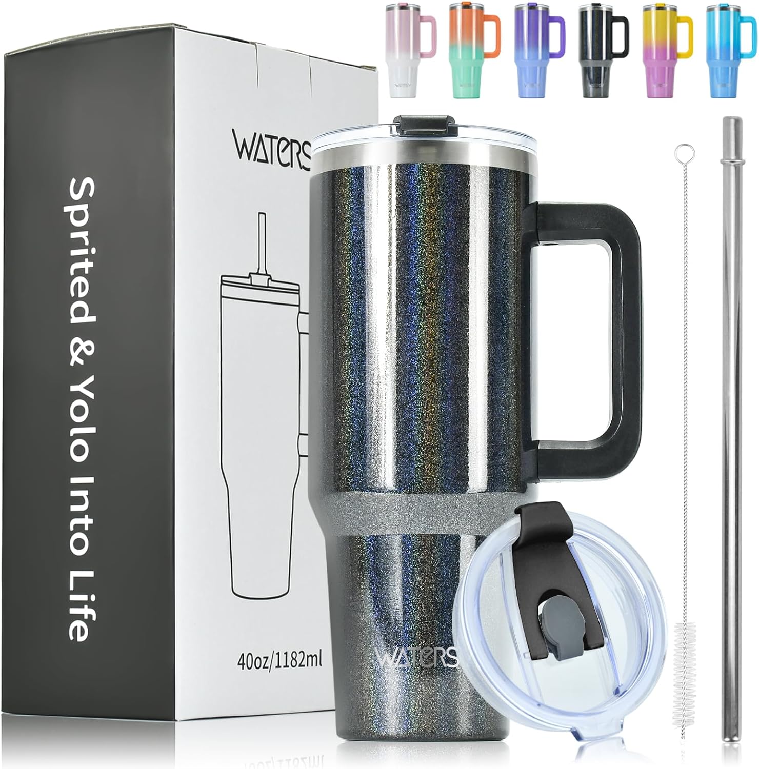 WATERSY Travel Mug Coffee Cup 40oz Tumbler Straw Lid and Handle, Stainless Steel Double Wall Vacuum Insulated Coffee Water Bottle for Cold Hot Coffee 1182ml Black
