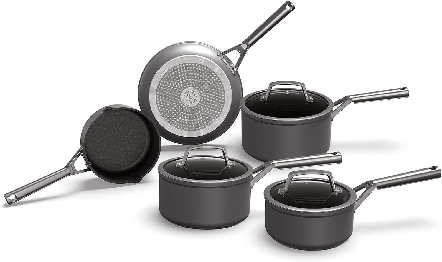 Ninja ZEROSTICK Premium 5-Piece Pan Set, Long Lasting Non-Stick, 3x Saucepans with Glass Lids, 1x Milk Pan, 1x Frying Pan, Hard Anodised Aluminium, Induction Compatible, Grey C35000UK