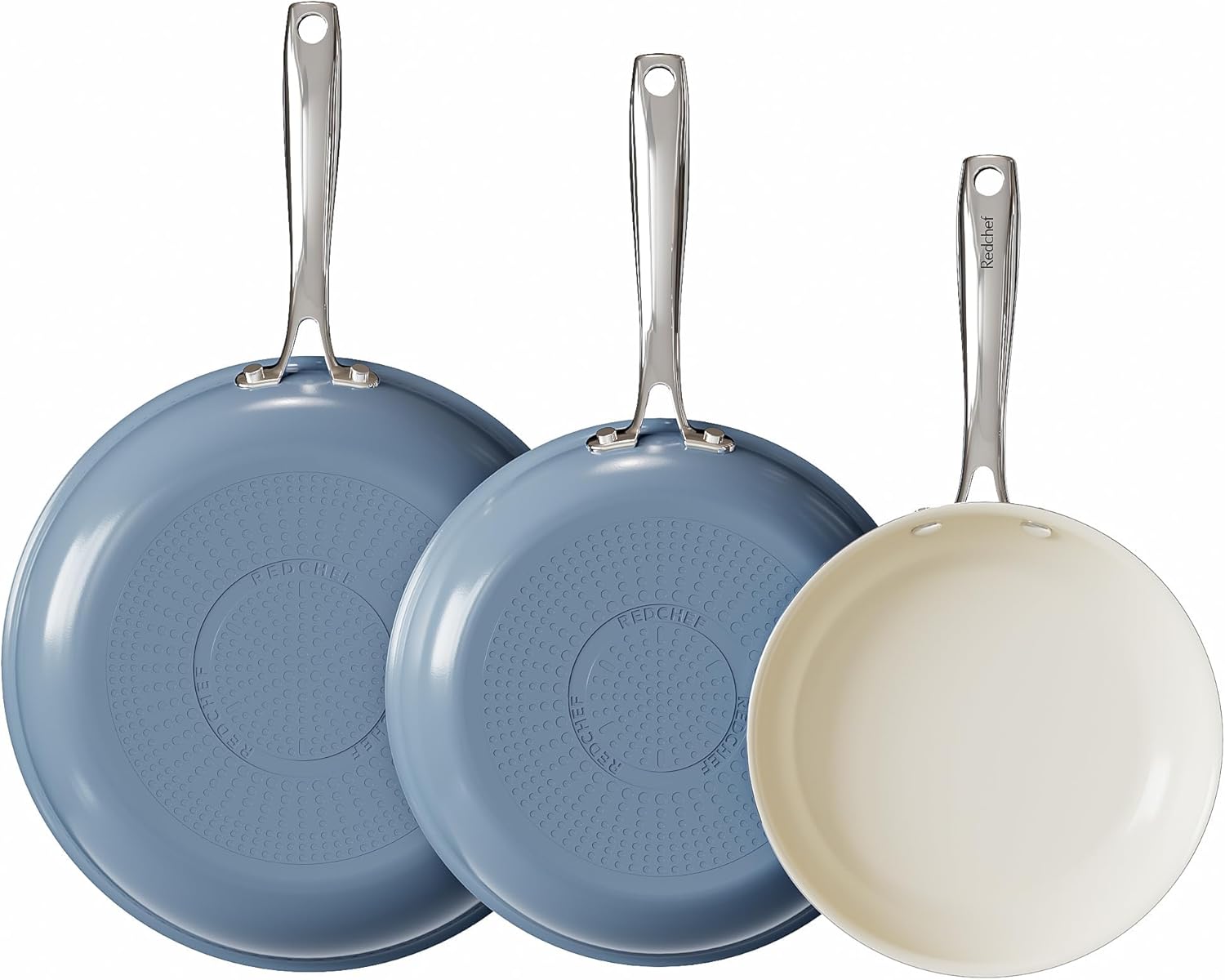 Redchef Ceramic Frying Pan Set, Non Stick Ceramic Pans for Cooking, 8" 9.5" 11" Skillet Set, No PFAS & PTFE & PFOA with Stainless Steel Handle, Oven Safe Max up to 842°F (Grey)