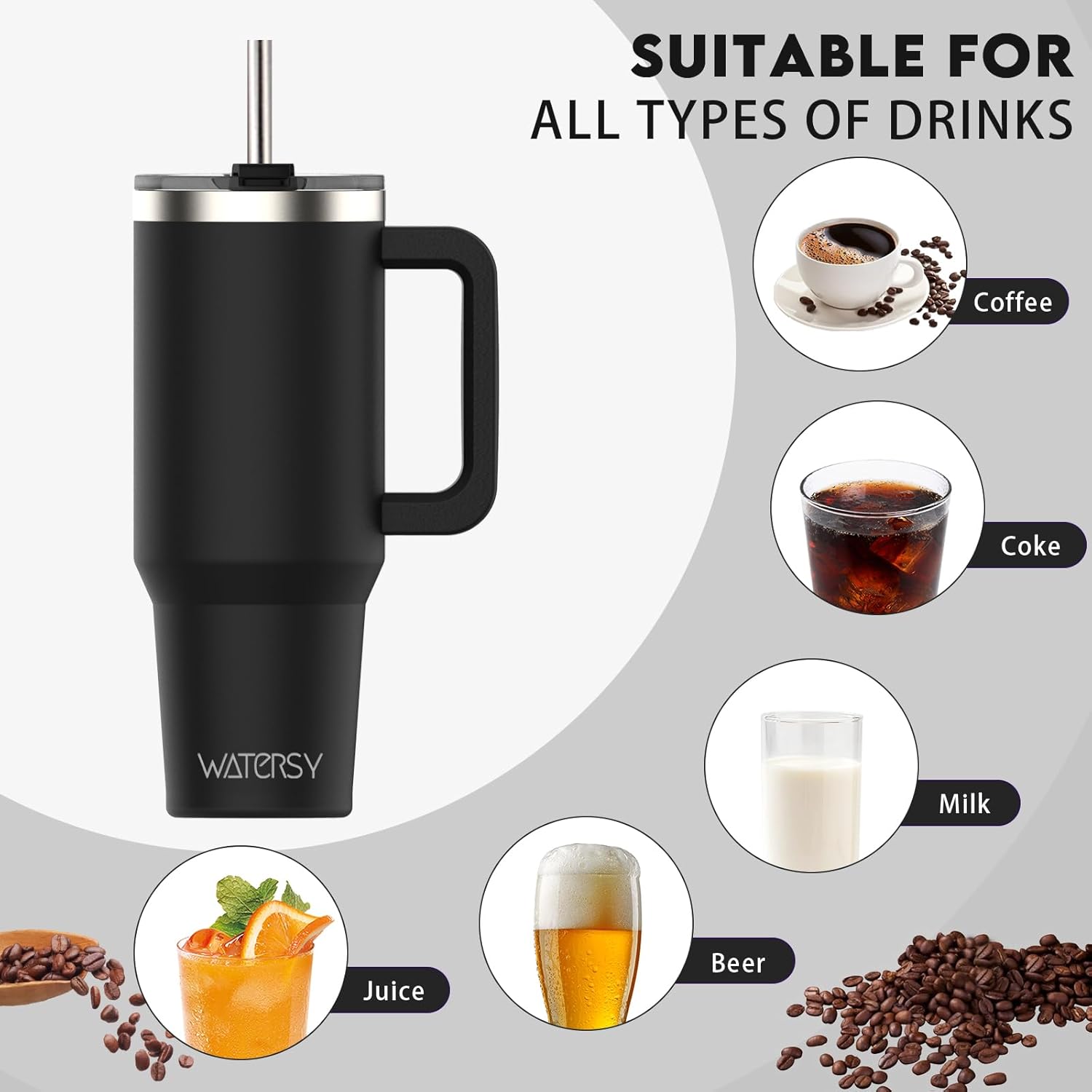 WATERSY Travel Mug Coffee Cup 40oz Tumbler Straw Lid and Handle, Stainless Steel Double Wall Vacuum Insulated Coffee Water Bottle for Cold Hot Coffee 1182ml Black