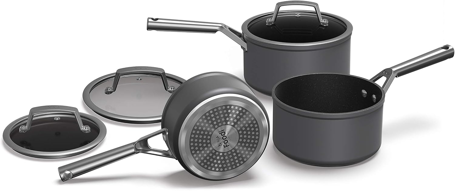 Ninja ZEROSTICK Premium 5-Piece Pan Set, Long Lasting Non-Stick, 3x Saucepans with Glass Lids, 1x Milk Pan, 1x Frying Pan, Hard Anodised Aluminium, Induction Compatible, Grey C35000UK
