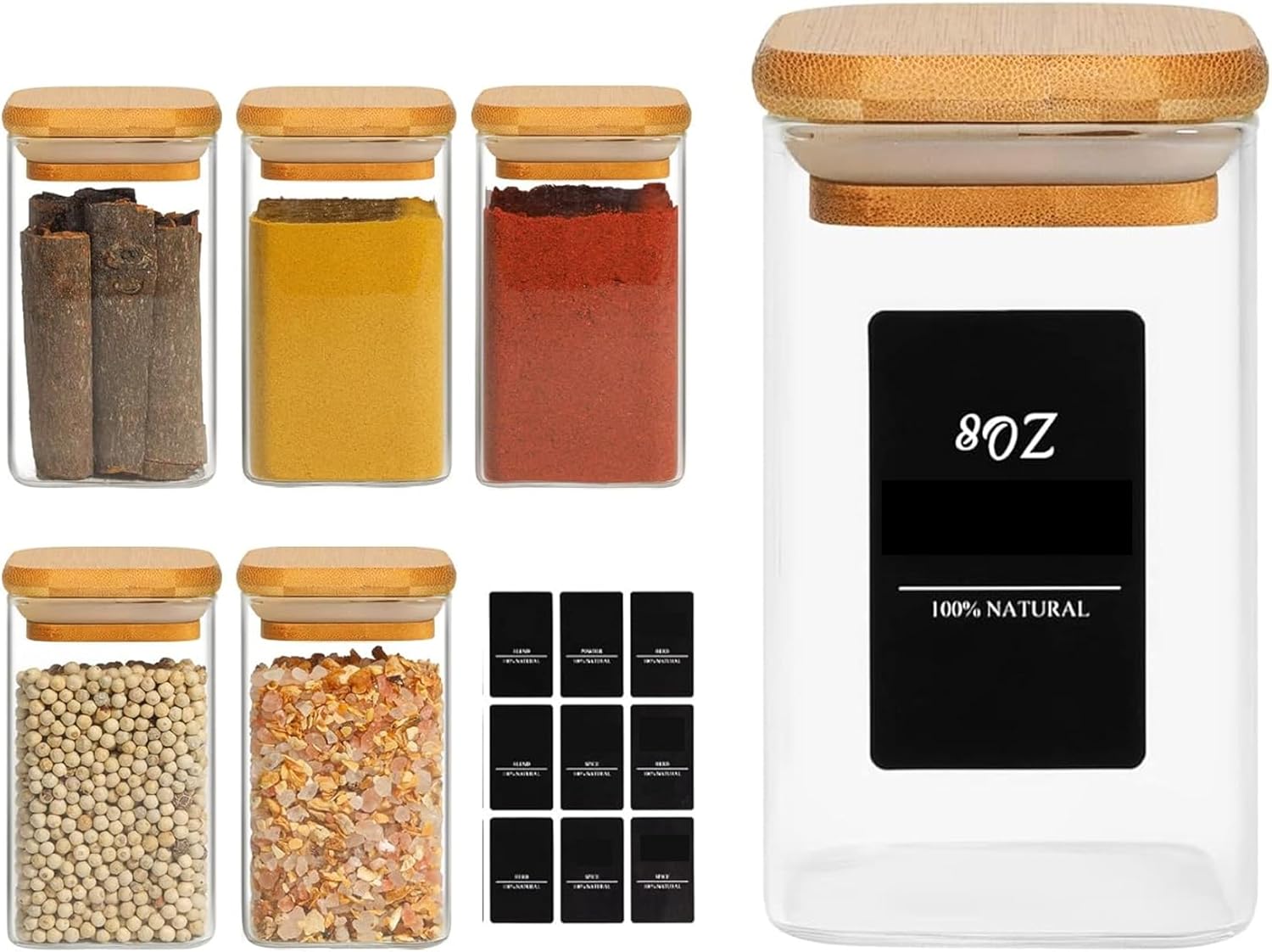 ComSaf 12 Pcs Glass Spice Jars with Bamboo Lids, 8oz/250ml Square Glass Storage Jars with 275 Black Lables, Airtight Spice Jars with Lids, Glass Container for Spice, Salt, Sugar, Seeds, Nuts etc