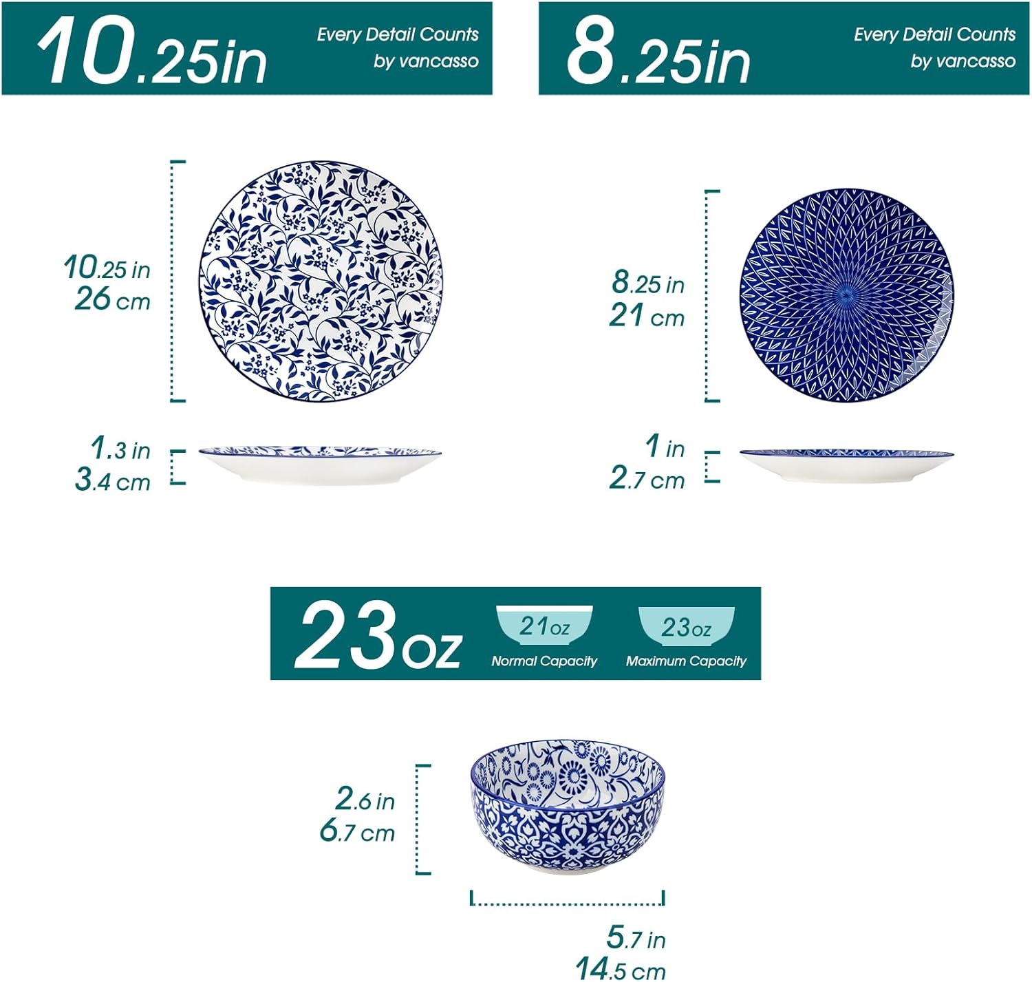 vancasso Selene Dinner Set for 4, 12 Pieces Porcelain Vintage Blue Plates and Bowls Set Kitchen Dinnerware Sets Crockery Set, Mircowave and Dishwasher Safe Dishes Set