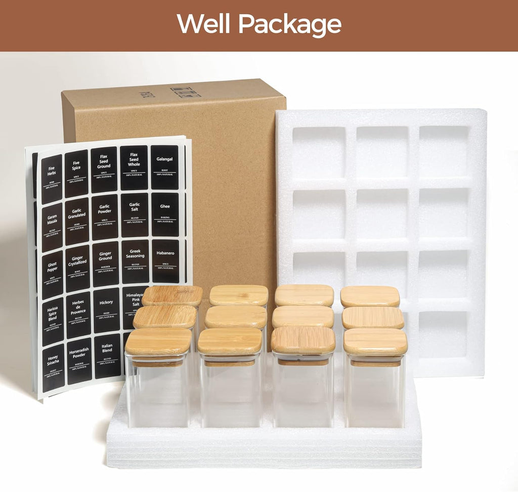 ComSaf 12 Pcs Glass Spice Jars with Bamboo Lids, 8oz/250ml Square Glass Storage Jars with 275 Black Lables, Airtight Spice Jars with Lids, Glass Container for Spice, Salt, Sugar, Seeds, Nuts etc