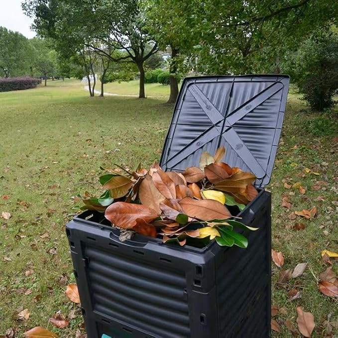 Easy Shopping® Garden Compost Bin, 300L Outdoor Composting Container for Kitchen & Garden Waste Composter with Hinged Lid, Durable & Waterproo Black and Green