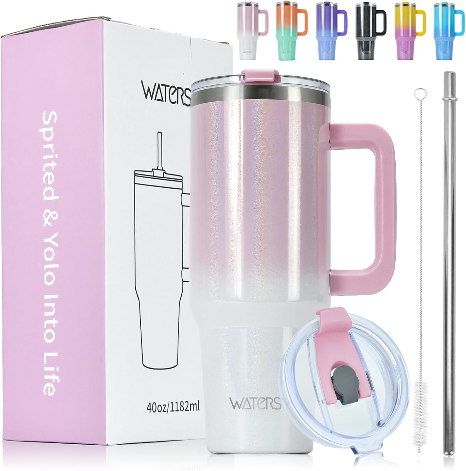 WATERSY Travel Mug Coffee Cup 40oz Tumbler Straw Lid and Handle, Stainless Steel Double Wall Vacuum Insulated Coffee Water Bottle for Cold Hot Coffee 1182ml Black