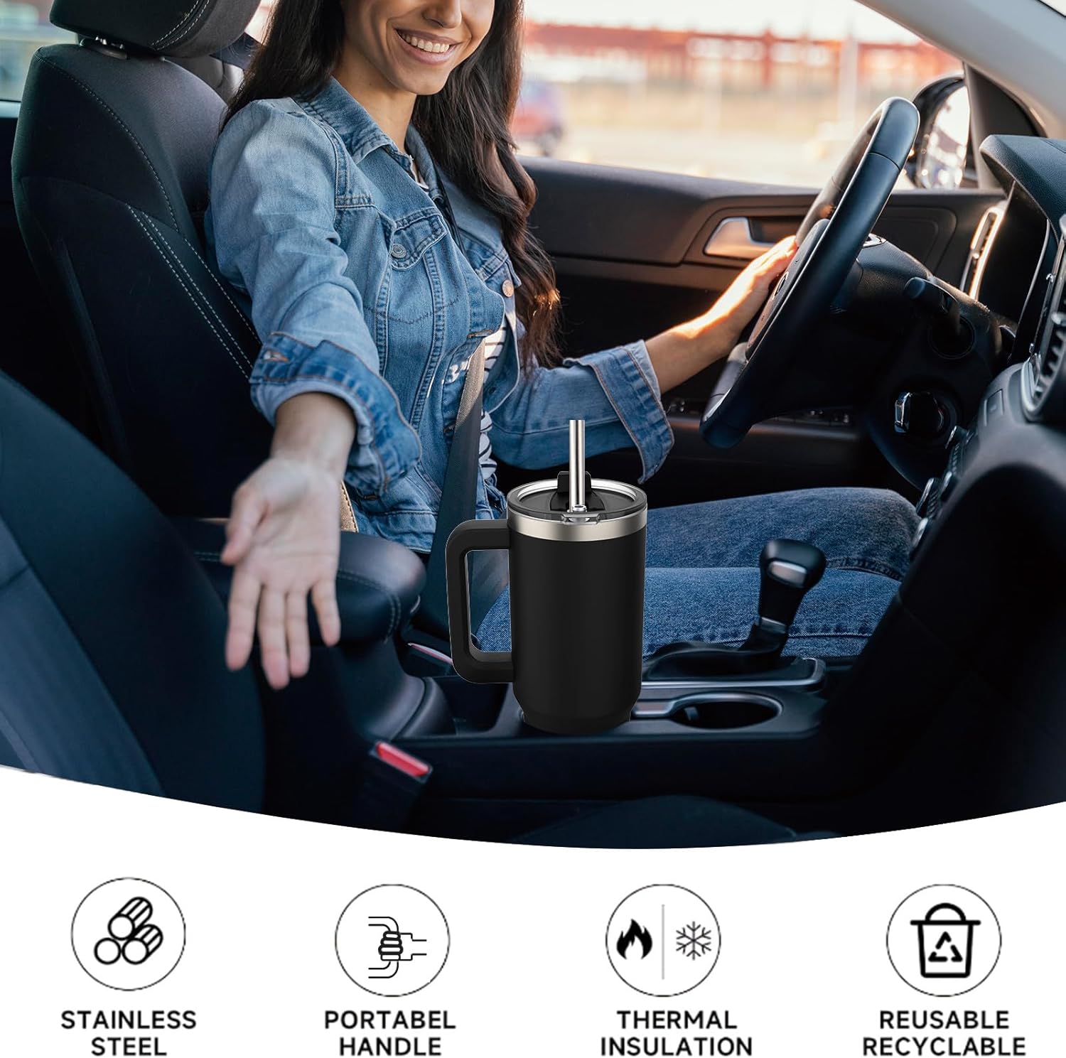 WATERSY Travel Mug Coffee Cup 40oz Tumbler Straw Lid and Handle, Stainless Steel Double Wall Vacuum Insulated Coffee Water Bottle for Cold Hot Coffee 1182ml Black