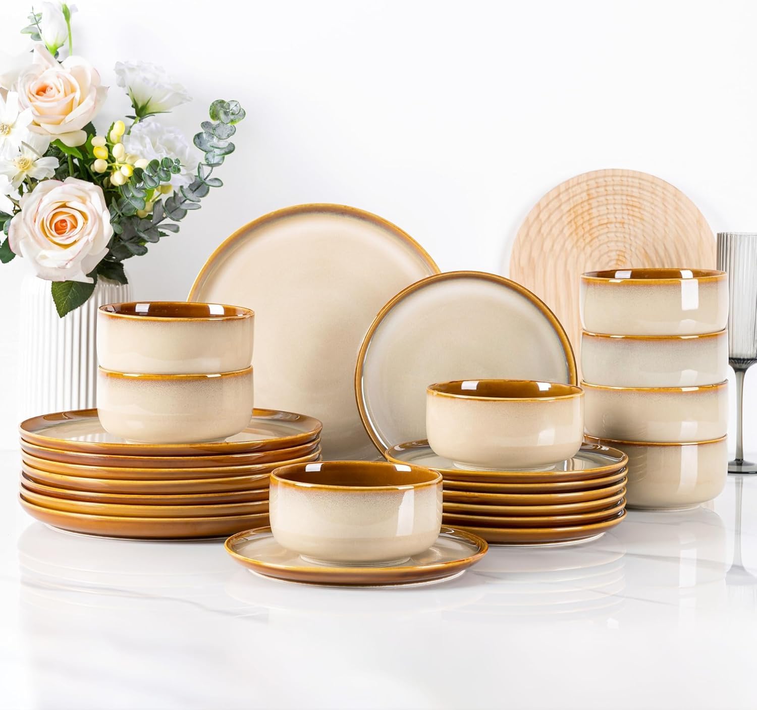 LeRatio Dinner Set for 6, 18 Piece Stoneware Plates and Bowls Set, Chip & Scratch Resistant Reactive Glazed Dinnerware Set, Dishwasher & Microwave Safe Crockery Set (Cappuccino, Service for 6)