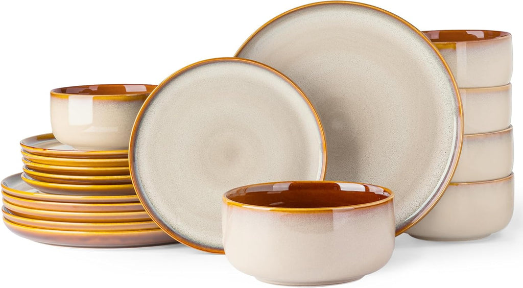 LeRatio Dinner Set for 6, 18 Piece Stoneware Plates and Bowls Set, Chip & Scratch Resistant Reactive Glazed Dinnerware Set, Dishwasher & Microwave Safe Crockery Set (Cappuccino, Service for 6)