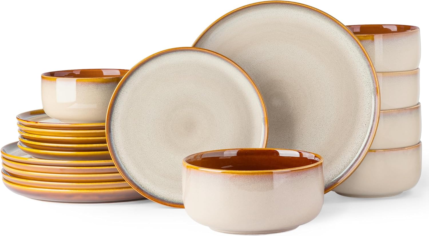 LeRatio Dinner Set for 6, 18 Piece Stoneware Plates and Bowls Set, Chip & Scratch Resistant Reactive Glazed Dinnerware Set, Dishwasher & Microwave Safe Crockery Set (Cappuccino, Service for 6)