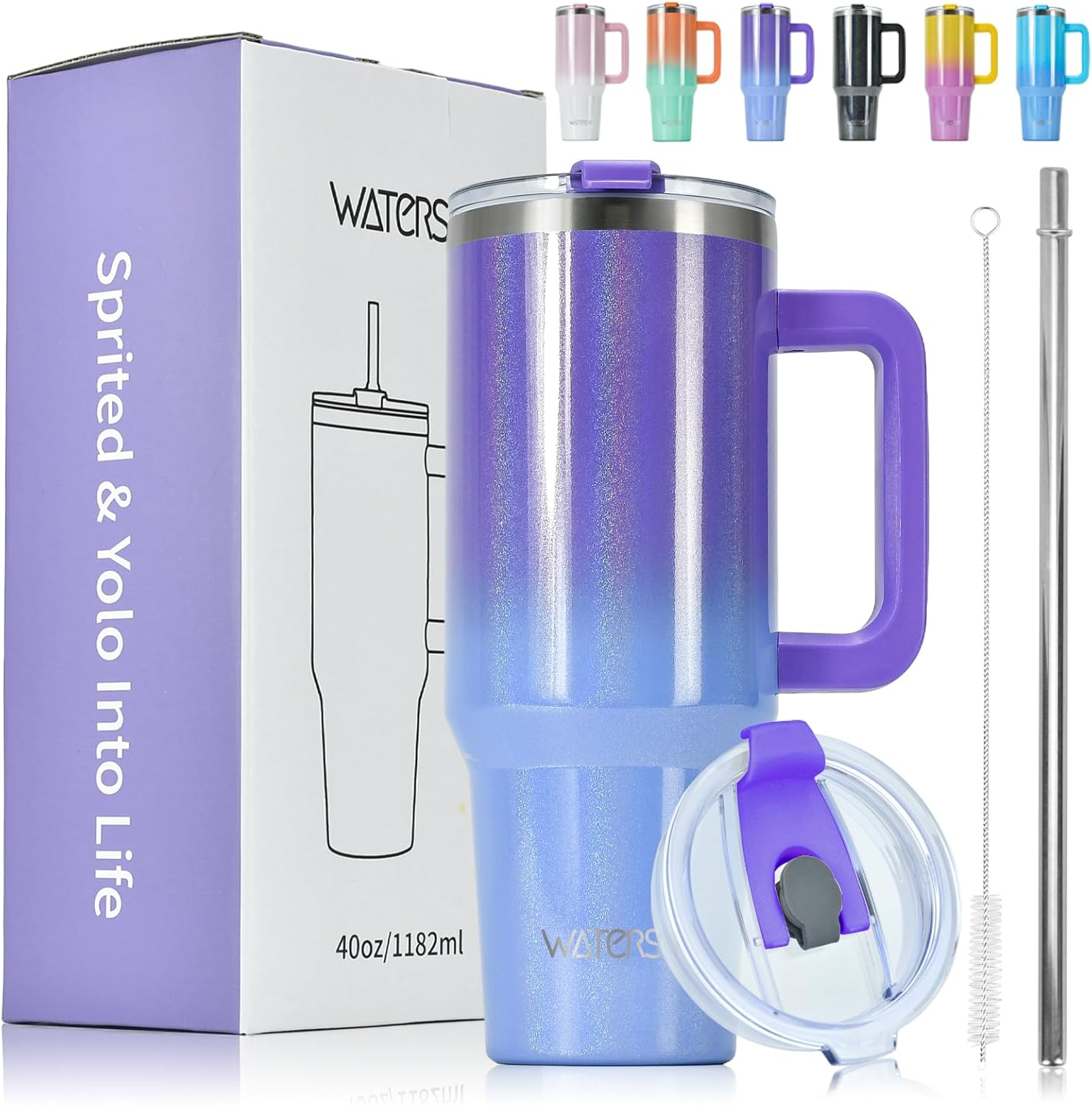 WATERSY Travel Mug Coffee Cup 40oz Tumbler Straw Lid and Handle, Stainless Steel Double Wall Vacuum Insulated Coffee Water Bottle for Cold Hot Coffee 1182ml Black