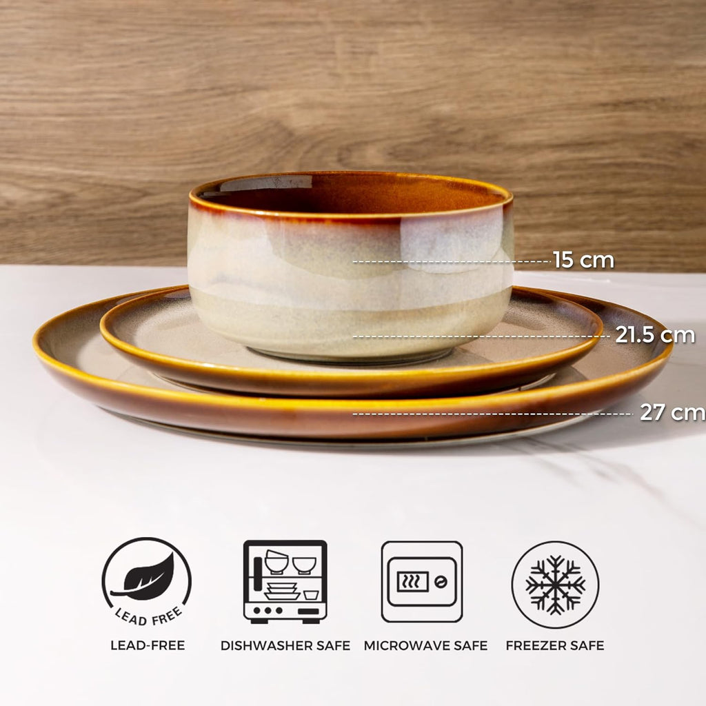 LeRatio Dinner Set for 6, 18 Piece Stoneware Plates and Bowls Set, Chip & Scratch Resistant Reactive Glazed Dinnerware Set, Dishwasher & Microwave Safe Crockery Set (Cappuccino, Service for 6)