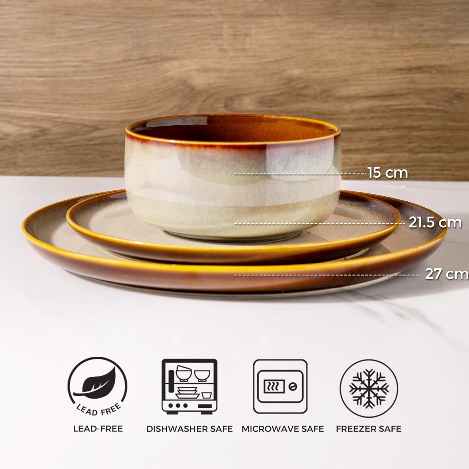 LeRatio Dinner Set for 6, 18 Piece Stoneware Plates and Bowls Set, Chip & Scratch Resistant Reactive Glazed Dinnerware Set, Dishwasher & Microwave Safe Crockery Set (Cappuccino, Service for 6)