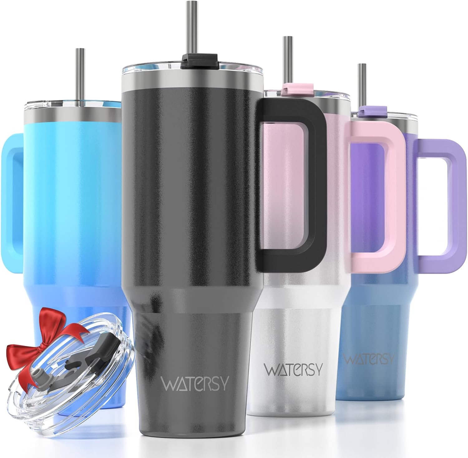 WATERSY Travel Mug Coffee Cup 40oz Tumbler Straw Lid and Handle, Stainless Steel Double Wall Vacuum Insulated Coffee Water Bottle for Cold Hot Coffee 1182ml Black
