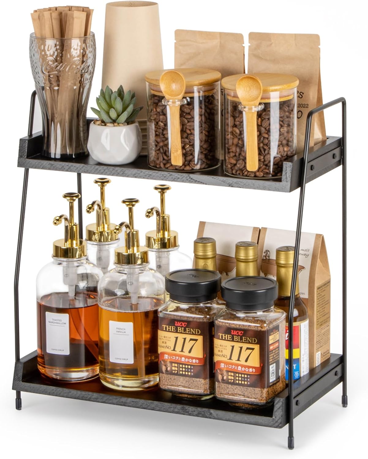 ANBOXIT Coffee Station Organizer for Countertop, 2 Tier Coffee Bar Accessories and Organizer, Wooden Kitchen Storage & Organisation, Countertop Organiser for Kitchen, Home, Office - Brown