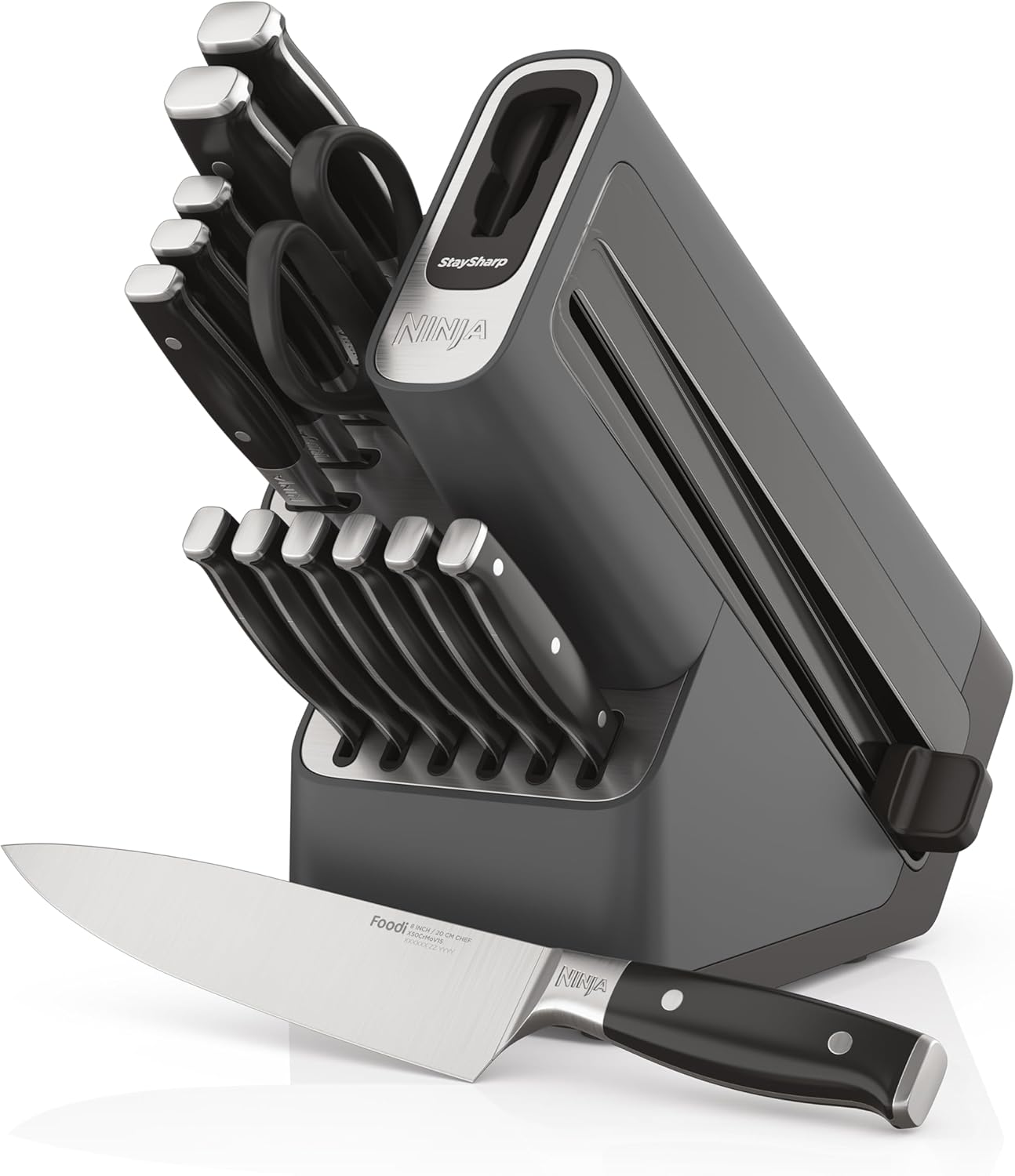 Ninja Foodi StaySharp Knife Block with Integrated Sharpener; 5 Knives and Scissors (1 pair), Sharp 6-Piece Knife Set; Chef, Bread, Slicing, Utility, Paring Knives & Scissors, Stainless Steel, K32006UK