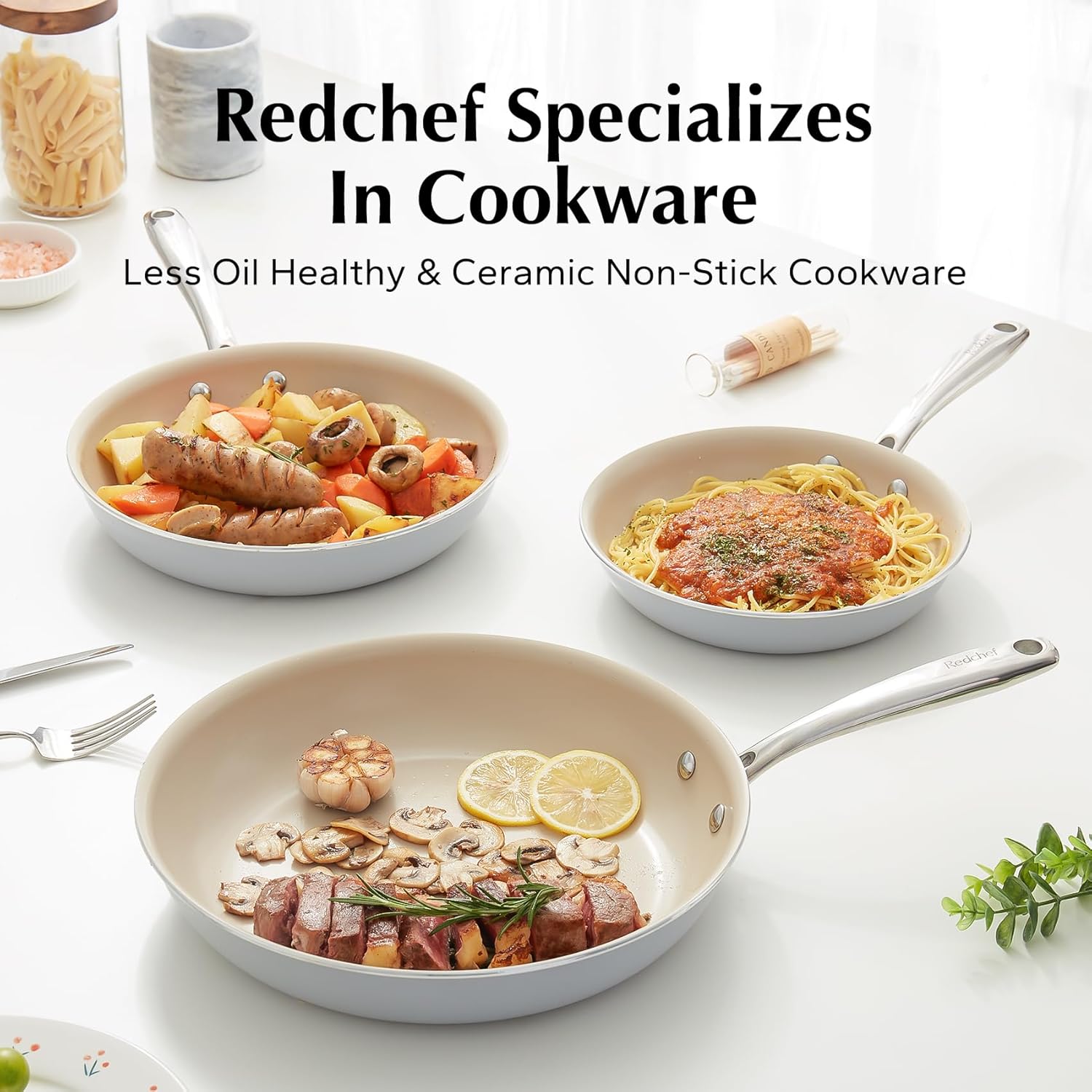 Redchef Ceramic Frying Pan Set, Non Stick Ceramic Pans for Cooking, 8" 9.5" 11" Skillet Set, No PFAS & PTFE & PFOA with Stainless Steel Handle, Oven Safe Max up to 842°F (Grey)