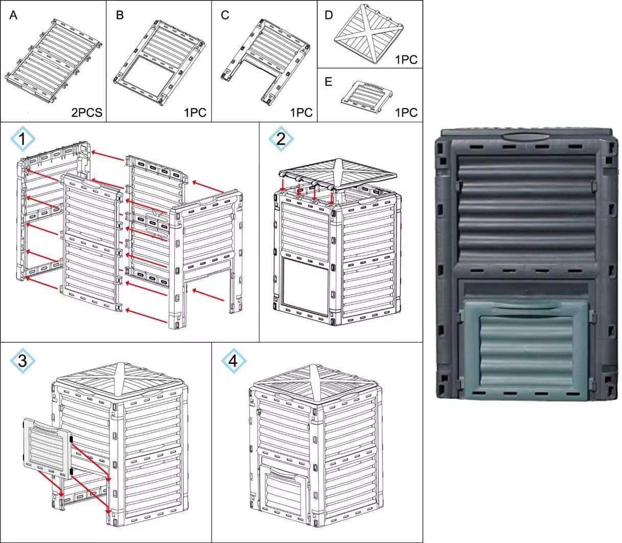 Easy Shopping® Garden Compost Bin, 300L Outdoor Composting Container for Kitchen & Garden Waste Composter with Hinged Lid, Durable & Waterproo Black and Green