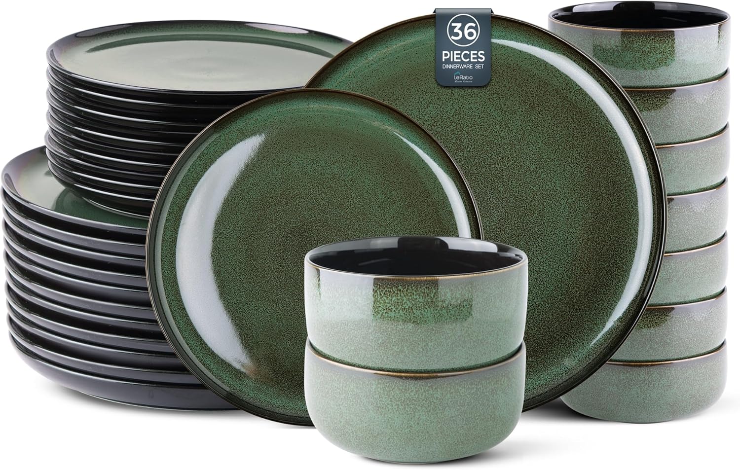 LeRatio Dinner Set for 6, 18 Piece Stoneware Plates and Bowls Set, Chip & Scratch Resistant Reactive Glazed Dinnerware Set, Dishwasher & Microwave Safe Crockery Set (Cappuccino, Service for 6)